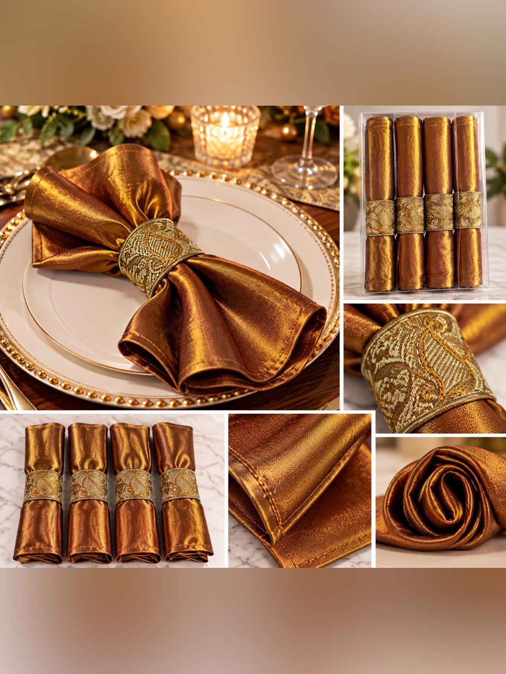 Gold Metallic Dinner Napkins with Ornate Gold Rings - Set of 4